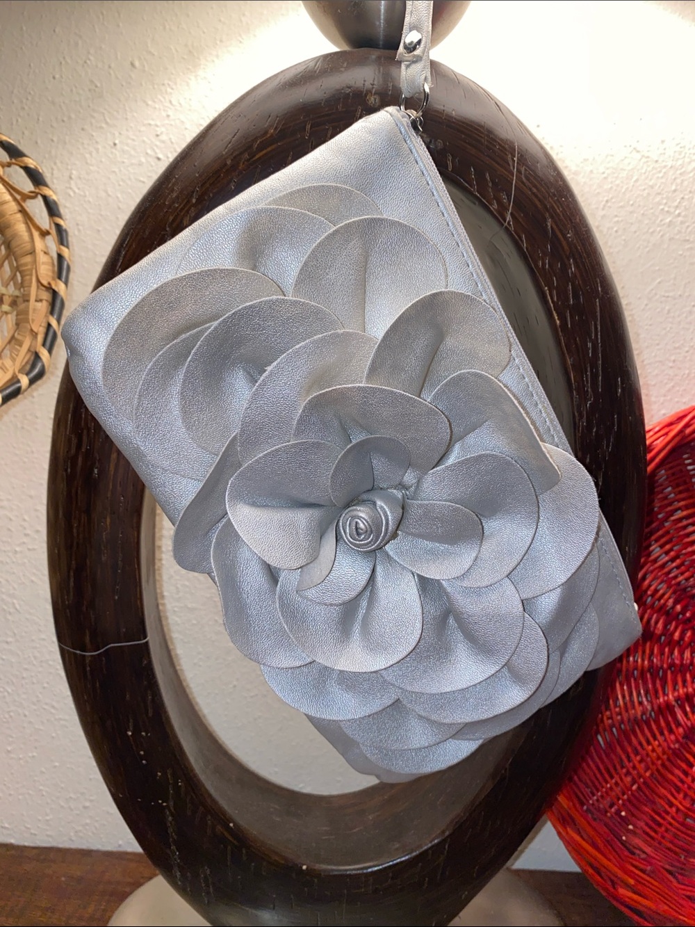 Icing- Floral Appliqué Wristlet Clutch in Light Silver- wrist handle- zip top
